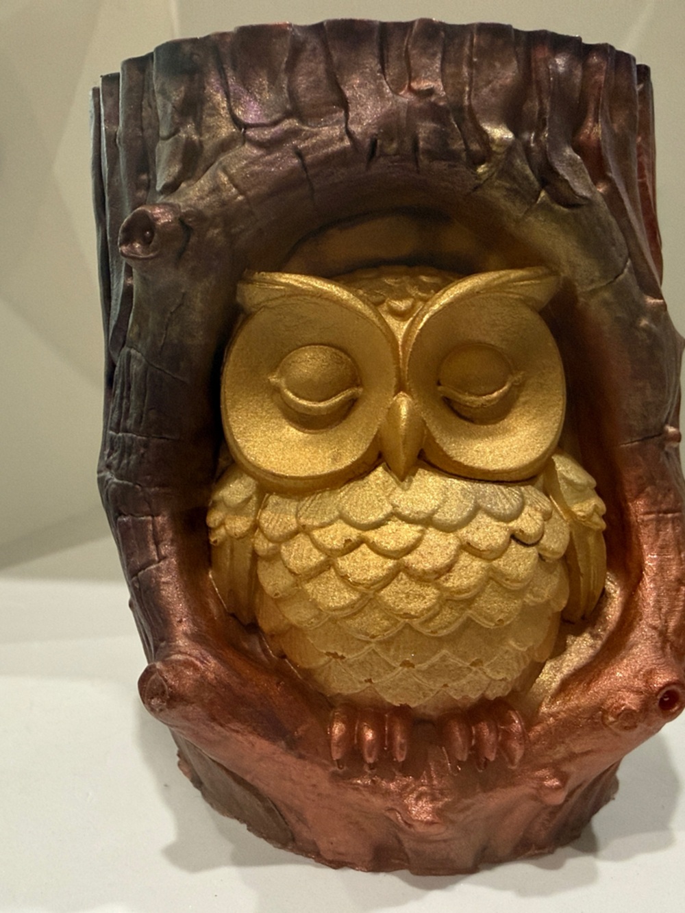Golden Owl in Tree Trunk Decorative Sculpture - Gold & Bronze